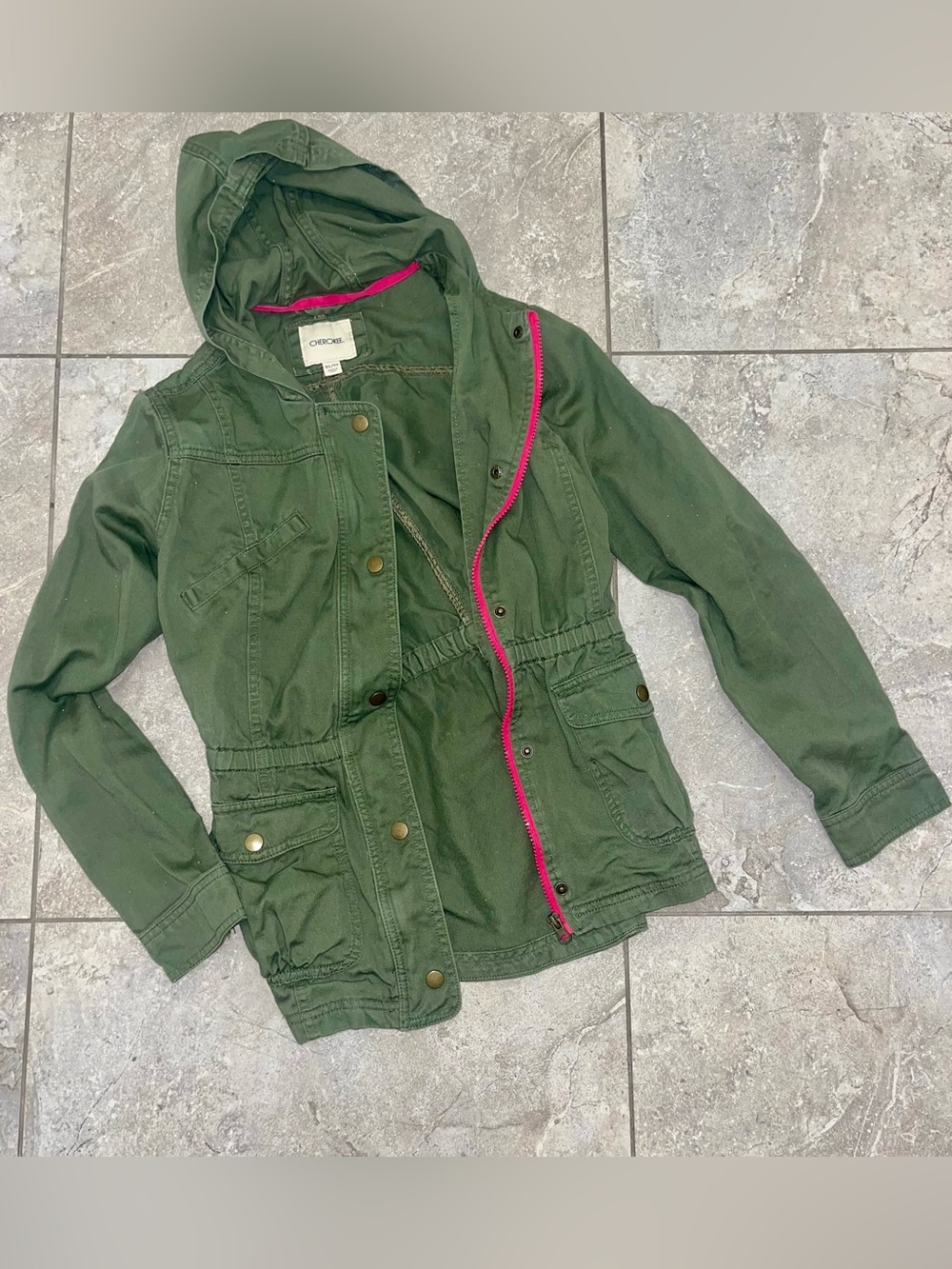 Cherokee Olive Green Hooded Jacket with Pink Zipper